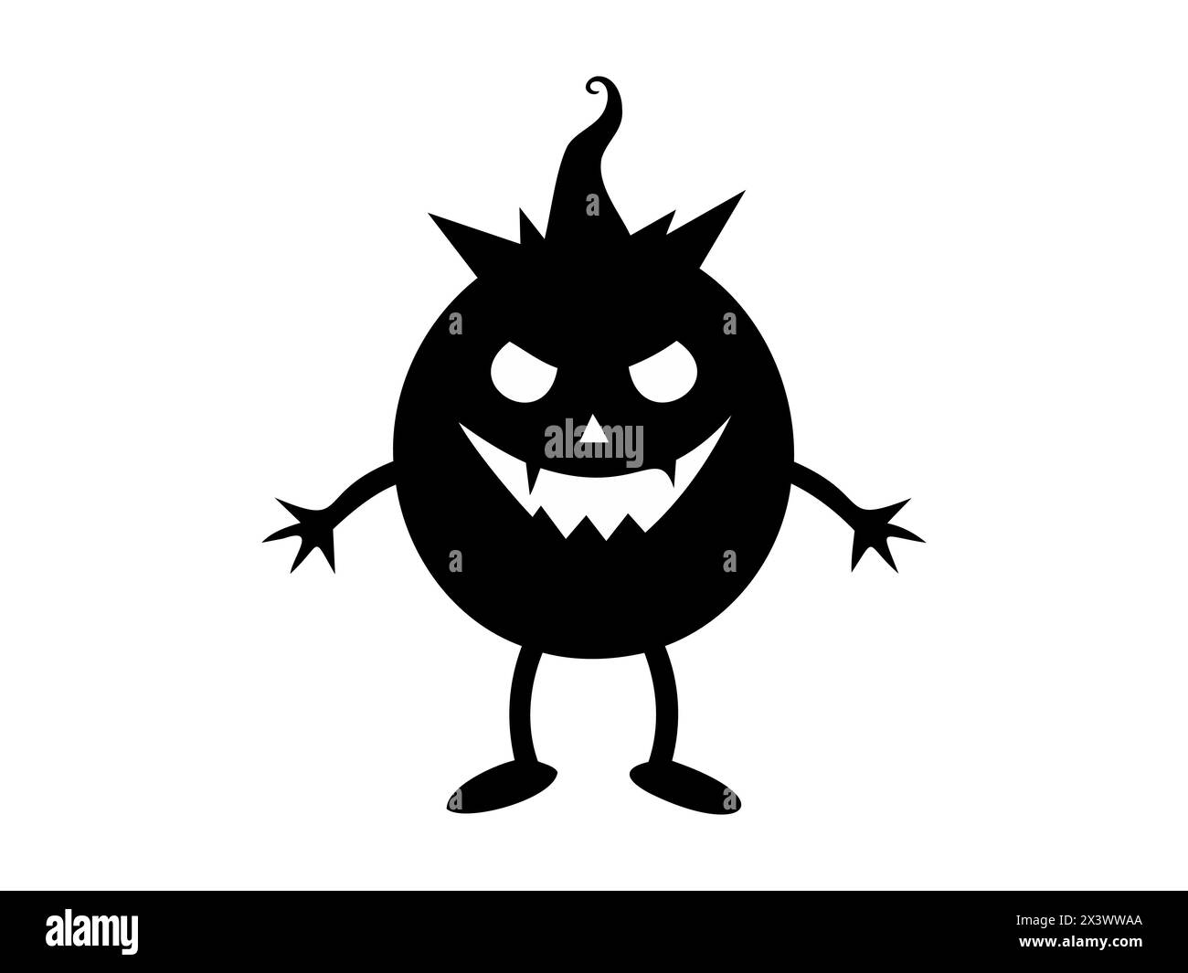 Schwarze Silhouette eines schelmischen Comic-Monsters. Verspielte Teufelsfigur. Isoliert auf weißem Hintergrund. Das Konzept der Halloween-Figur, der Karikaturschurke, der gruselige Spaß, die Kinderfantasie Stock Vektor