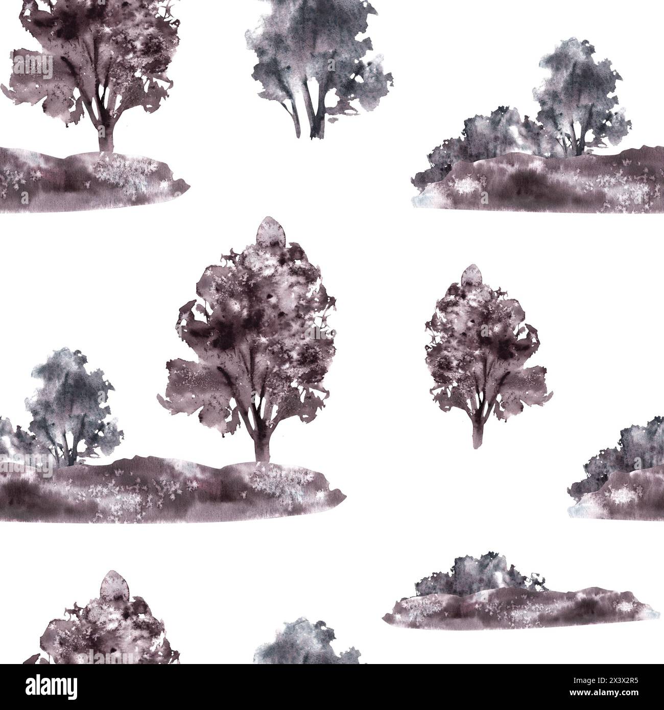 Landschaft mit Feld, Wiese, Büschen, Bäumen, Hügeln nahtlos. Aquarell monochromatisches Vintage-Natur-Clipart für Verpackungsetikett Hand Stockfoto