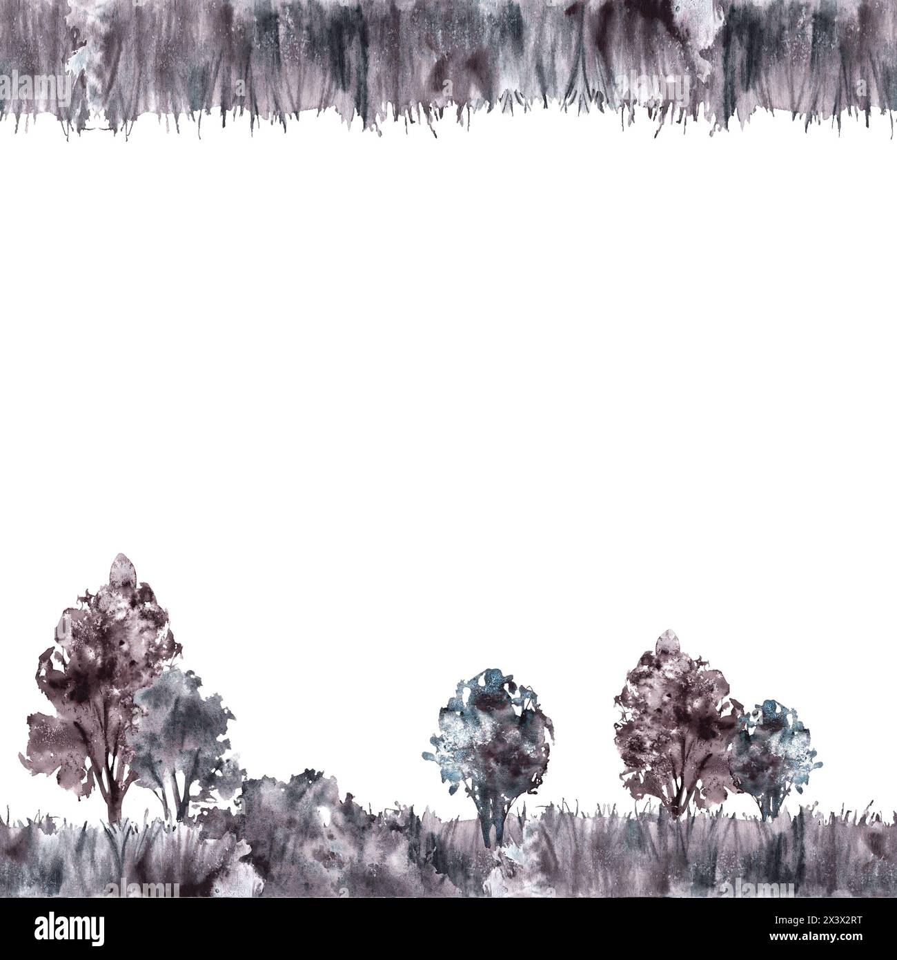 Landschaft mit Feld, Wiese, Büschen, Bäumen, Gras. Nahtloser Rahmen. Aquarelleinfarbenes Vintage-Natur-Clipart für Verpackungsetikett, Banner Stockfoto