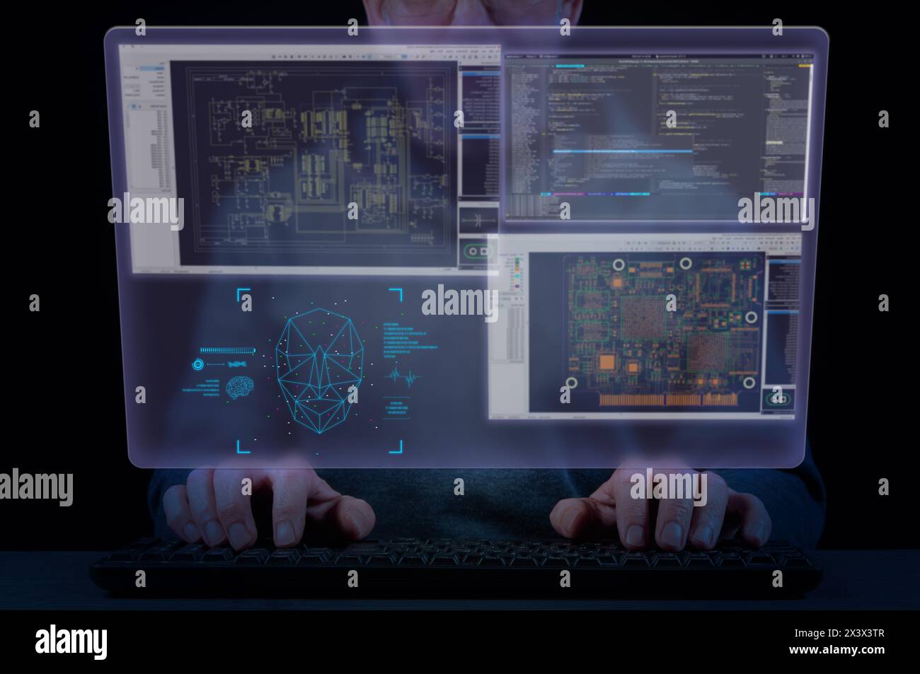 Die Hände des Mannes auf Tastatur und virtuellem Bildschirm mit Computer Aided Design-Software-Fenstern. Konzept des Ablaufdiagramms des Entwicklungsprozesses in der Elektronik Stockfoto