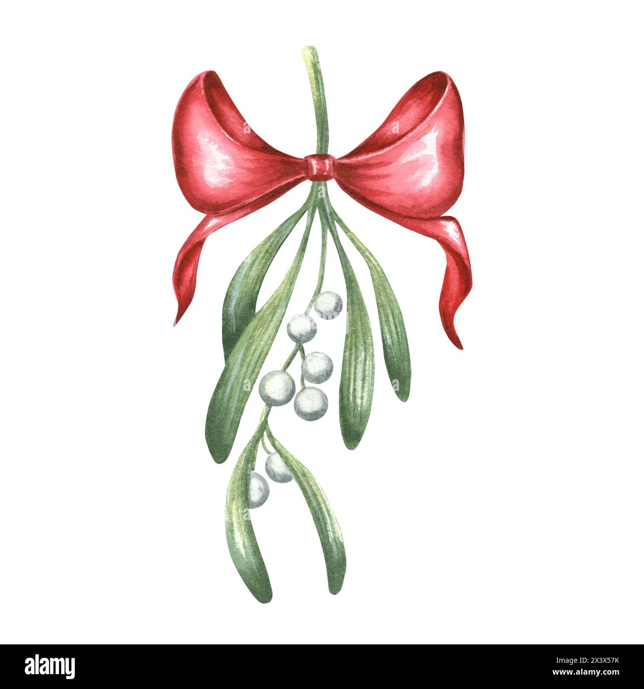 Mistelzweig mit Beeren und roter Seidenschleife. Traditionelle Winterpflanzen im Vintage-Stil. Handgezeichnetes Aquarell-Illustration Urlaub Design. Isoliertes Templa Stockfoto