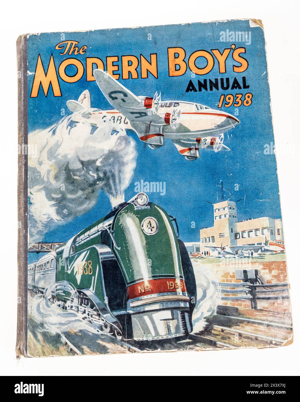 Das Modern Boy's Annual, Vorkriegsjahr 1938, das Cover mit Transport per Zug und Flugzeug Stockfoto