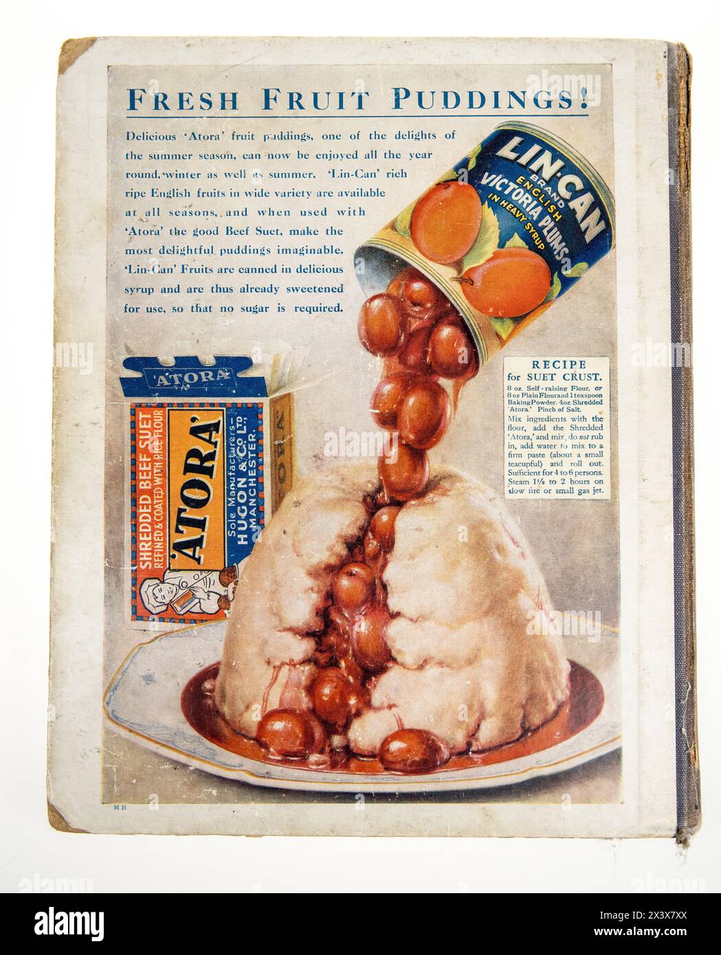Frischer Obstpudding-Werbespot für Atora suet auf der Rückseite des Modern Boy's Annual, 1938 Stockfoto