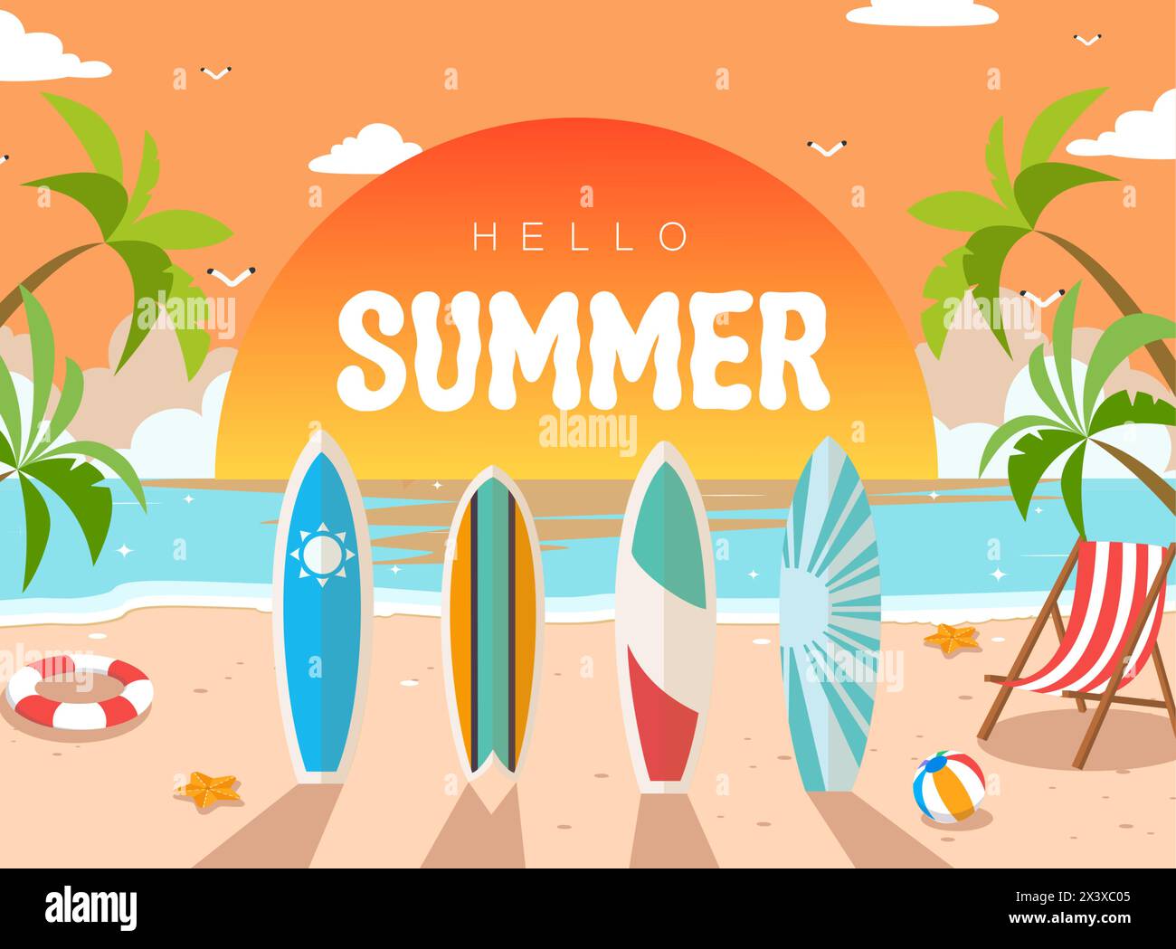Hallo Sommer Vibe Vektor Illustration. Sonnenuntergang am Strand mit Surfbrettern tropisches Poster farbenfroher Hintergrund Stock Vektor