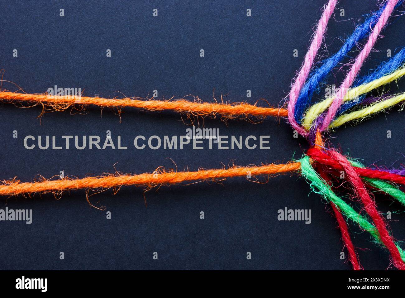 Inschrift kulturelle Kompetenz und ineinander verflochtene farbige Fäden. Stockfoto