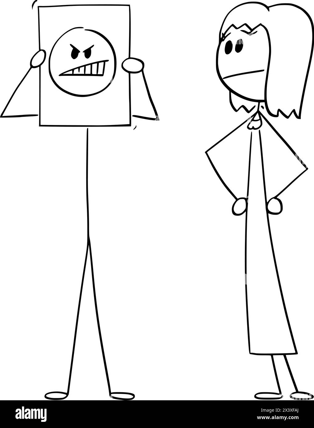 Der Mann zeigt oder versteckt seine wahre Emotionen Wut oder Wut, Frau beobachtet, Vektor-Cartoon-Stabfigur oder Charakterillustration. Stock Vektor