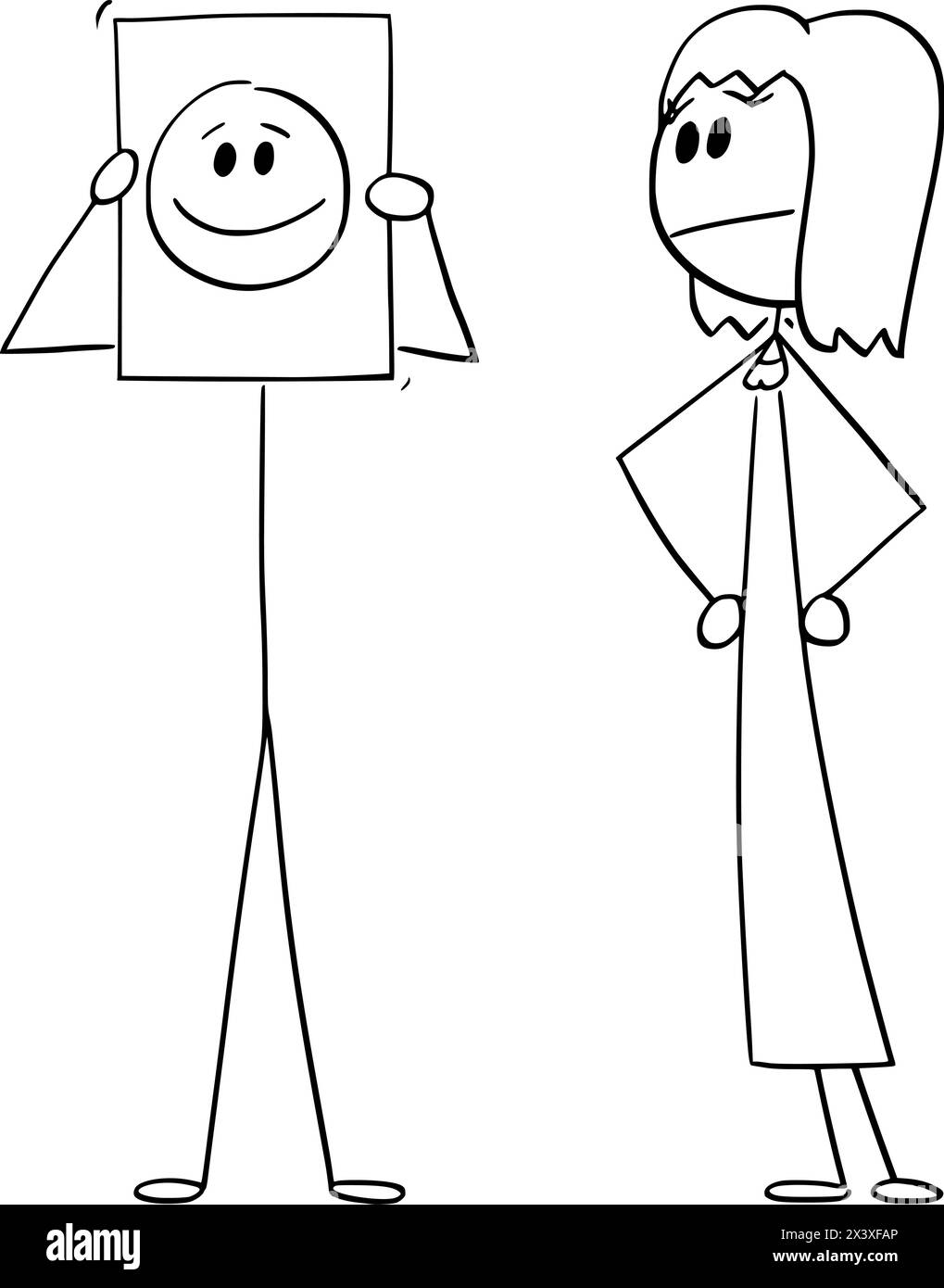 Mann zeigt oder versteckt sein echtes Emotionslächeln, Frau schaut, Vektor-Cartoon-Stabfigur oder Charakterillustration. Stock Vektor