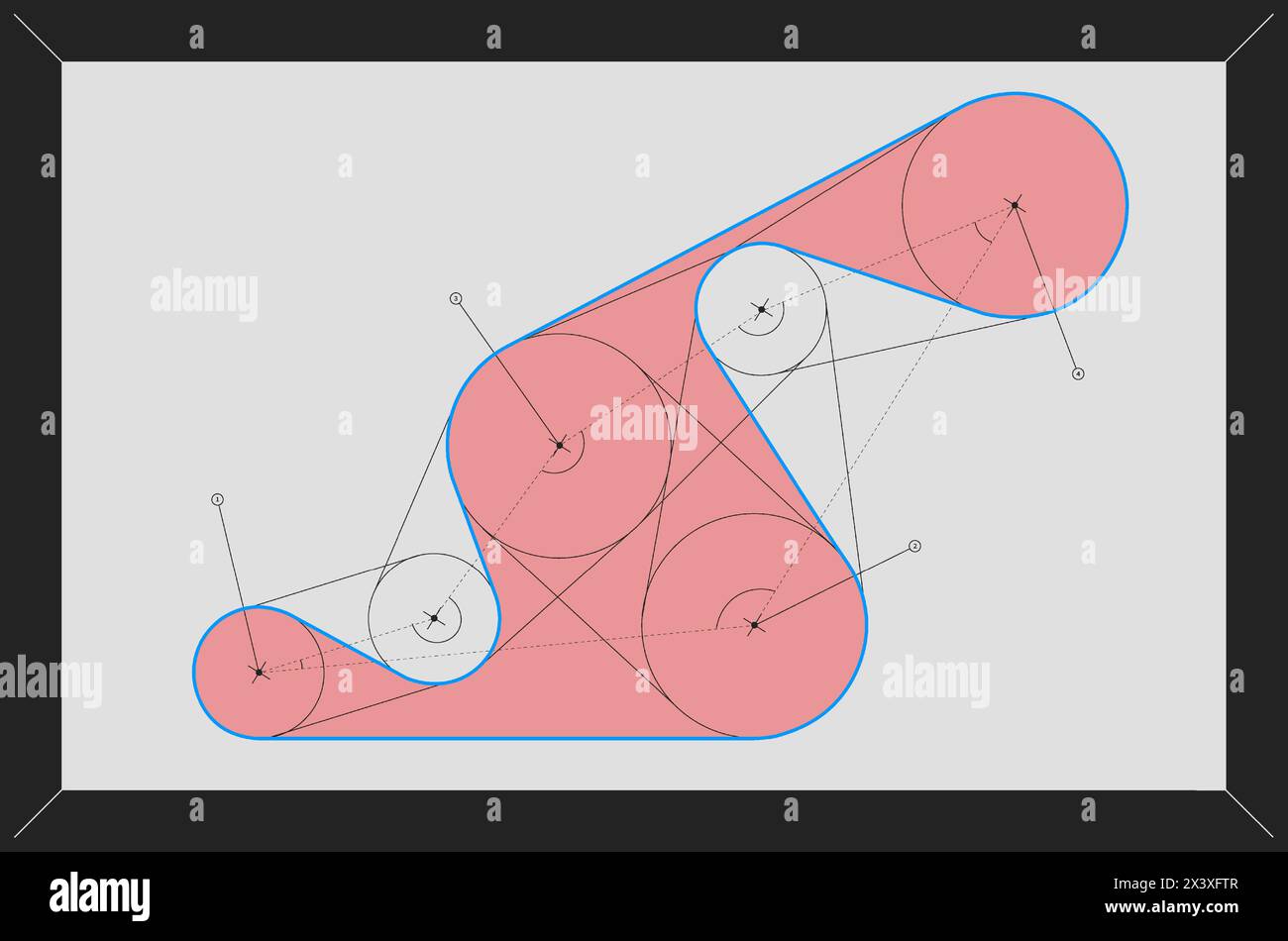Vektorabbildung. Rote und blaue geometrische Formen mit Kreisen und Verbindungslinien schaffen ein modernes Grafikdesign. Stock Vektor