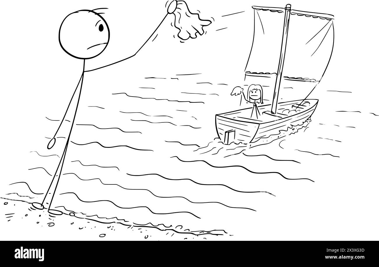 Boot segelt weg mit Frau, auf Wiedersehen, Vektor Cartoon Stick Abbildung Illustration Stock Vektor