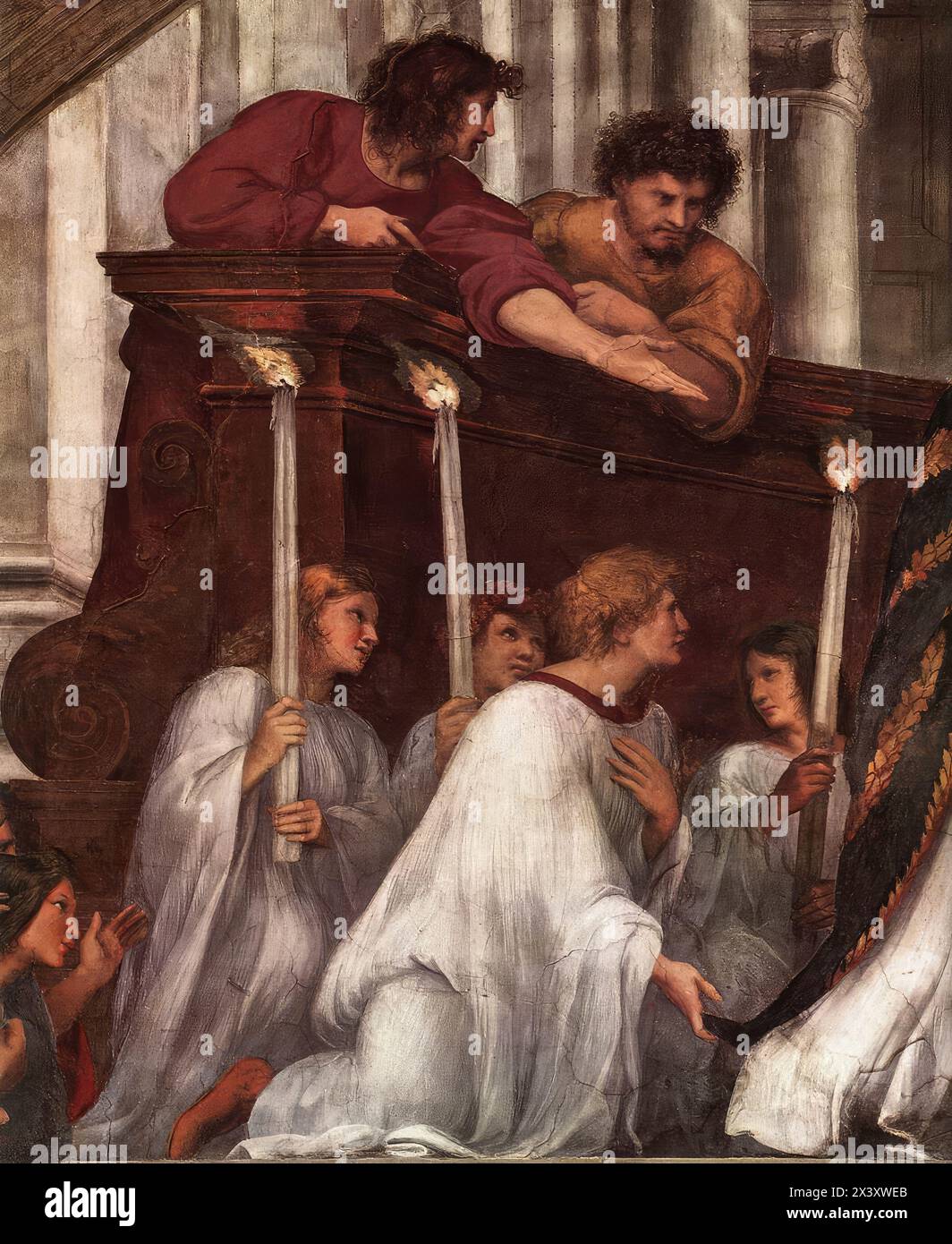 RAFFAELLO Sanzio (* 1483, Urbino, d. 1520, Roma) die Messe in Bolsena (Detail) 1512 Fresko, Detailbreite: 141 cm Stanza di Eliodoro, Palazzi Pontifici, Vatikan während der Priester den Wirt erhebt, lehnen sich zwei Gläubige über die halbrunde Leinwand, die den Hintergrund der Szene bildet. Dies ist ein weiterer Versuch von Raphael, Figuren dynamischer darzustellen. --- Schlüsselwörter: ----------------- Autor: RAFFAELLO Sanzio Titel: Die Messe in Bolsena (Detail) Zeitlinie: 1501-1550 Schule: Italienisch Form: Malerei Typ: Religiös Stockfoto