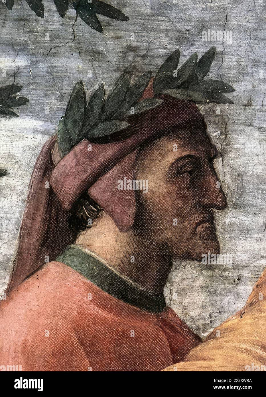 RAFFAELLO Sanzio (* 1483, Urbino, d. 1520, Roma) der Parnassus (Detail) 1509-10 Fresco stanza della Segnatura, Palazzi Pontifici, Vatikan der florentinische Dichter Dante Alighieri (1265–1321), Autor der Göttlichen Komödie, wird hier hinter dem klassischen griechischen Dichter Homer dargestellt. Eine vorbereitende Studie, die jetzt in Windsor liegt, zeigt die detaillierte Bearbeitung der Porträts. Für Homers Gesicht verwendete Raphael als Modell eine klassische Skulptur, den Laocoön, die nur wenige Jahre zuvor entdeckt worden war. Es ist nicht bekannt, welches Modell er für Dante verwendet hat. --- Schlüsselwörter: ----------------- Verfasser: RAFFAELLO Stockfoto