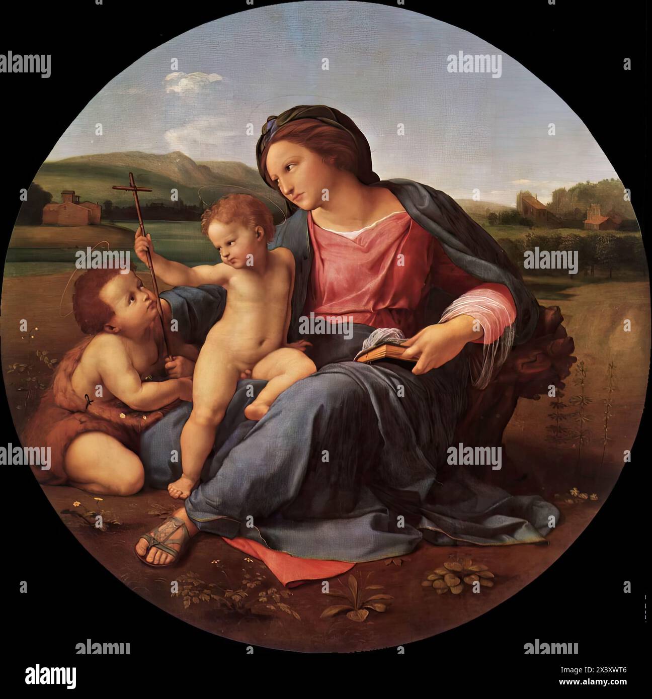 RAFFAELLO Sanzio (* 1483, Urbino, d. 1520, Roma) die Alba Madonna 1511 Öl auf Leinwand, Durchmesser 98 cm National Gallery of Art, Washington Paolo Giovio, Raphaels erster Biograph, gab diese Madonna in Auftrag. Jesus hat das Kreuz vom Täuferjungen genommen, was das Symbol seiner Passion darstellt. Der ältere Junge sieht ihn voller Verständnis und sichtlich traurig an. Die Jungfrau hat ihre Hand auf seine Schulter gelegt, als wollte sie ihn trösten. Das Gemälde, das nach der spanischen Herzogsfamilie Alba benannt wurde, die es über ein Jahrhundert lang besaß, wurde später für die Eremitage in St. gekauft Petersburg, fr Stockfoto