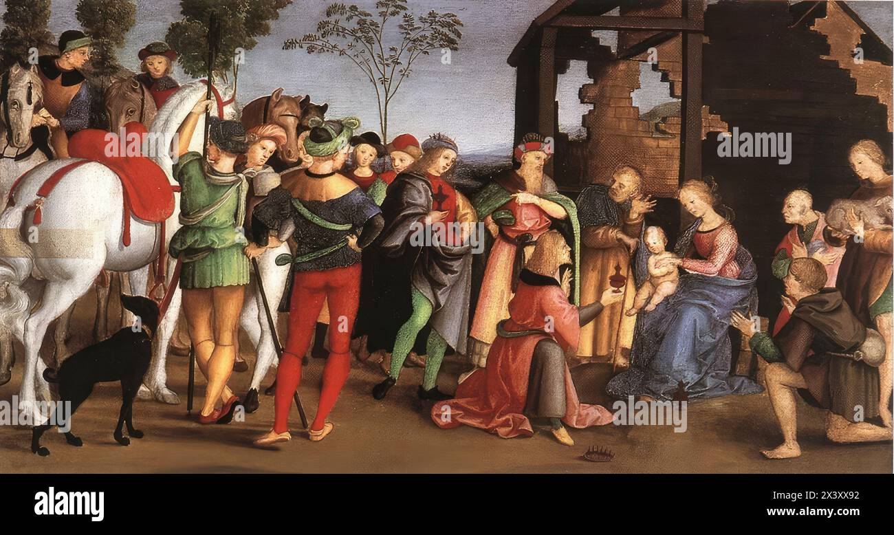 RAFFAELLO Sanzio (* 1483, Urbino, d. 1520, Roma) die Anbetung der Könige (Oddi-Altar) 1502-03 Öl auf Leinwand, 27 x 150 cm Pinakoteca, Vatikanische Zeichnungen zeigen, wie viel Gedanken Raphael in die Realisierung des Oddi-Altars gesteckt hat, und einige Details, besonders die höchst individuellen Gesichter der Apostel und die ruhige Landschaft im Hintergrund sind meisterhaft. Aber die bedeutendsten Passagen finden sich in den Predella-Szenen: Der riesige Raum, der sich unter den Kolonnaden der Verkündigung öffnet; die hochanimierte Anbetung der Könige; und der Fre Stockfoto