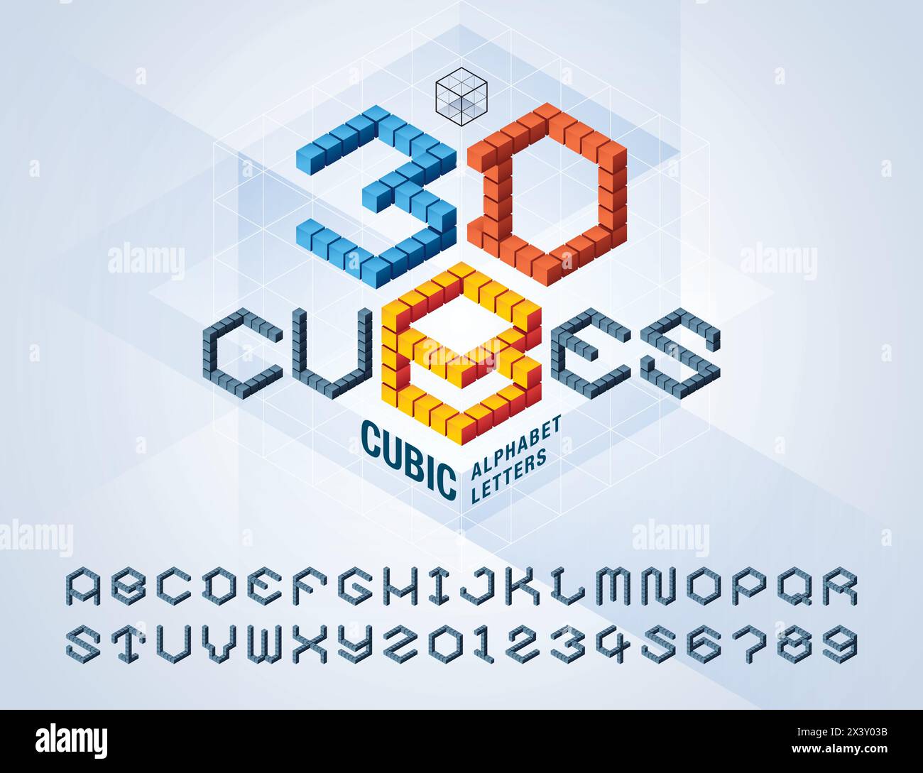 Vektor der Buchstaben und Zahlen des Würfels, abstrakte 3D-Schriftarten mit Hexagon-Stilisierung. Pixel-Alphabet, Isometrischer Cubes-Buchstabe, Geometrisches Alphabet, quadratisches BL Stock Vektor