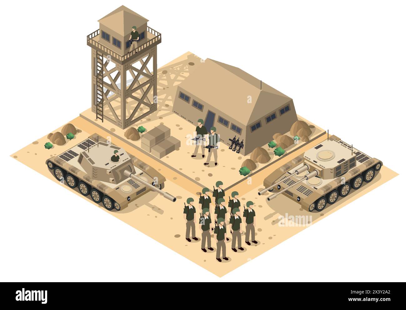 Modul Objektelement für Gebäudeentwurf Armee bewaffnete Truppe isometrische bewaffnete militärische Transportobjekte und Kriegsausrüstung Kraft grafische Elemente Tank mA Stock Vektor