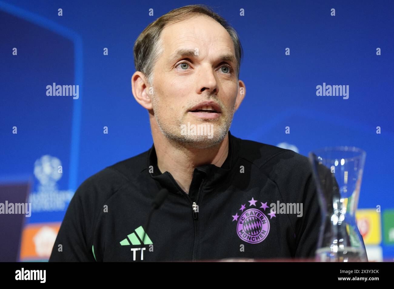 Aktenfoto vom 16.04.2024 von Thomas Tuchel, der sagte, dass Bayern München Glück braucht, um Real Madrid im Halbfinale der Champions League zu besiegen, da er seine Mannschaft ermutigte, im ersten Leg am Dienstag in der Allianz Arena mit Freiheit zu spielen. Ausgabedatum: Montag, 29. April 2024. Stockfoto