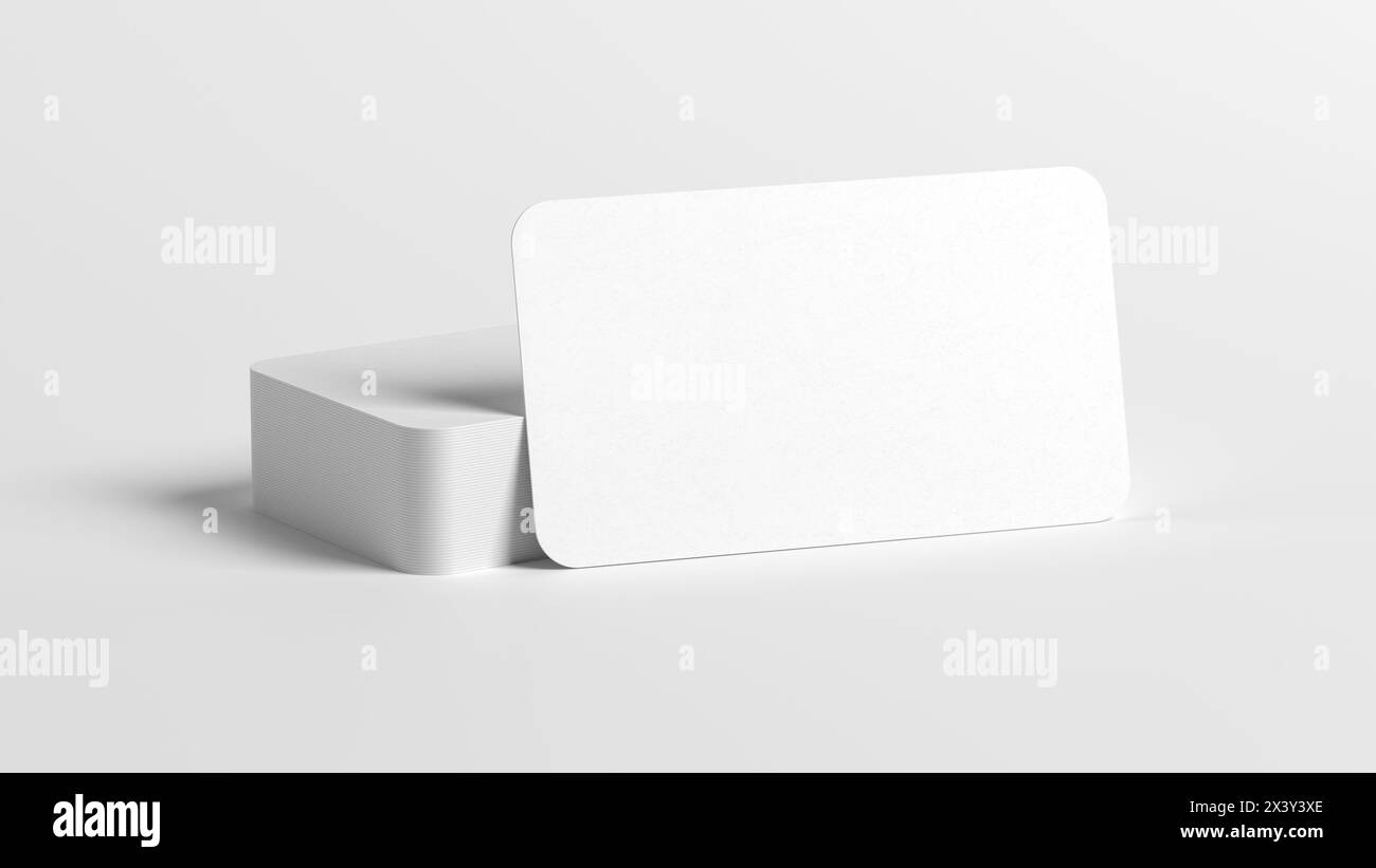 Modell für Visitenkarten. Weiße Farbe. 3,5 x 2 Zoll 89 x 51 mm. Abgerundete Ecken. 3D-Abbildung. Stockfoto
