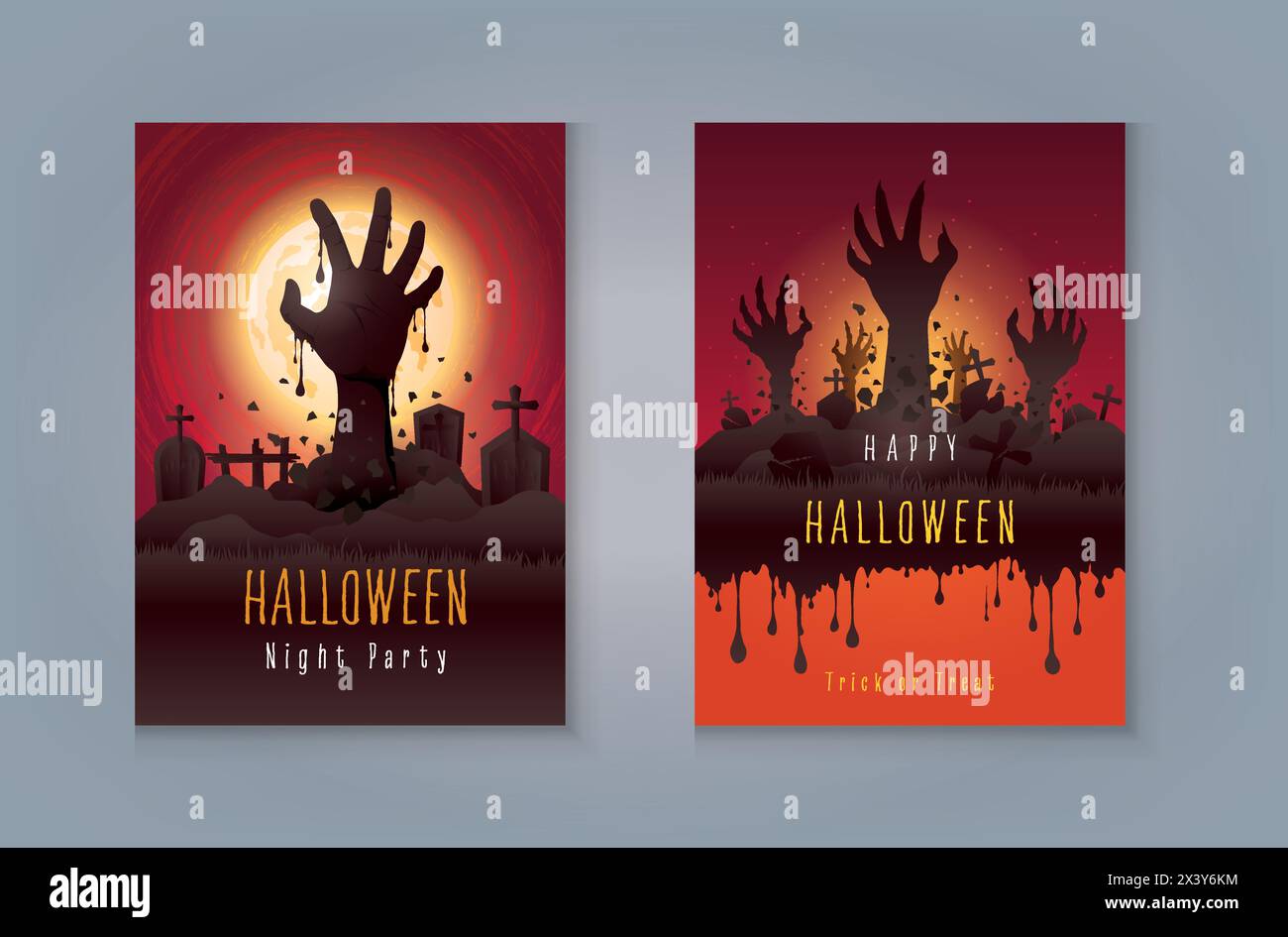Happy Halloween Party, Zombie Hand erhebt sich aus dem Grab. Set mit abstraktem Halloween-Hintergrund für soziale Medien, Banner, Poster, Einladungskarte. Beängstigend Stock Vektor