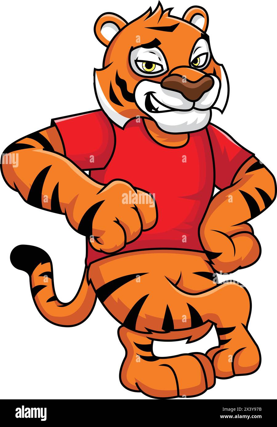 Tigermaskottchen lehnt sich an etwas Vektor-Cartoon-ClipArt Stock Vektor