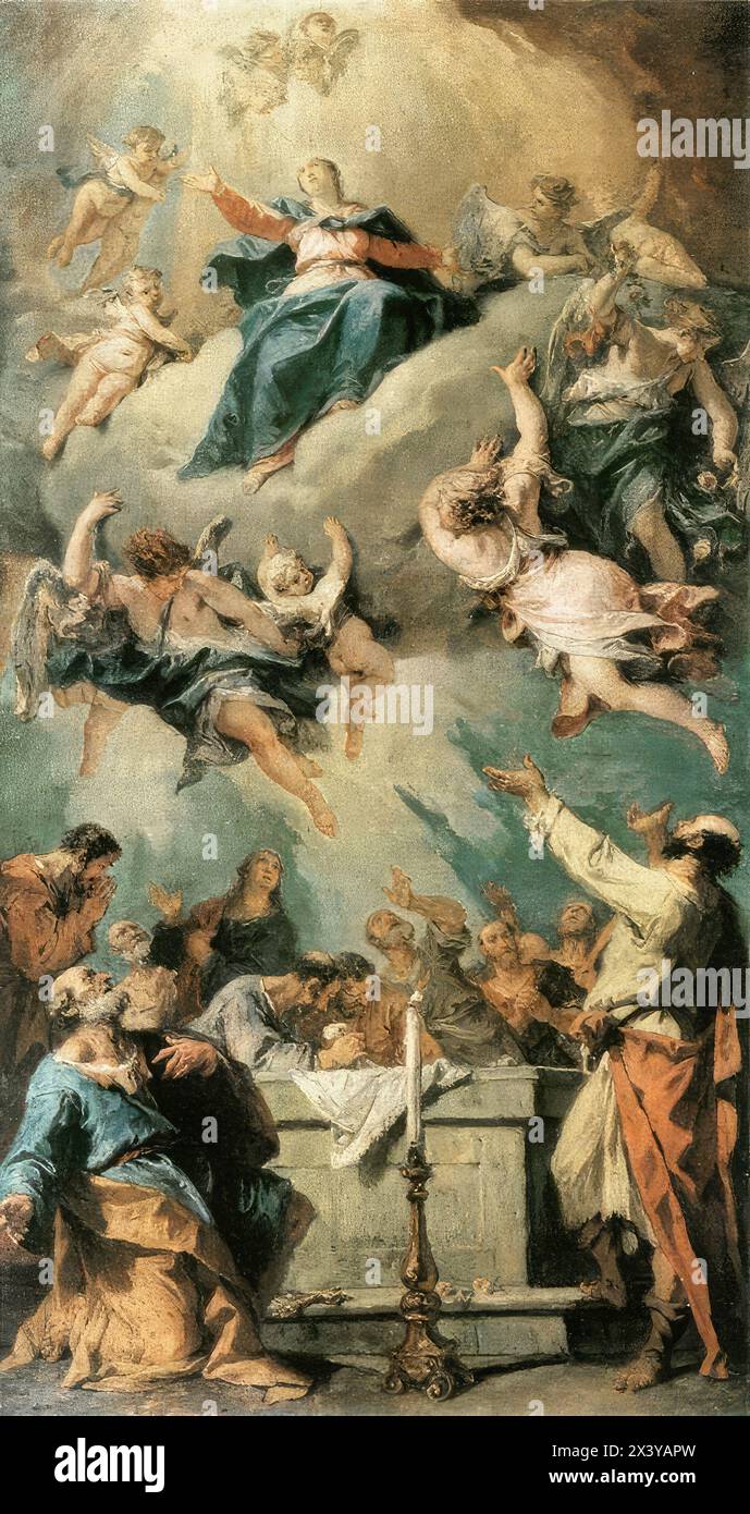 RICCI, Sebastiano (* 1659, Belluno, d. 1734, Venezia) The Assumption 1733-34 Öl auf Leinwand, 95 x 51,5 cm Museum der Schönen Künste, Budapest wie viele seiner Zeitgenossen verbrachte Sebastiano Ricci einen großen Teil seines Lebens auf Reisen durch Europa und malte Werke, die von weltlichen und kirchlichen Autoritäten in Auftrag gegeben wurden. Nach seinem Studium in Venedig arbeitete Ricci in Bologna, Parma und Rom, Mailand und Florenz und wurde an den Hofhof in Wien eingeladen, wo er am Schloss Schönbrunn arbeitete. 1712 ging er nach England, wo er die Chelsea Hospital Chapel dekorierte und mit der Arbeit am Burlington House begann. Stockfoto
