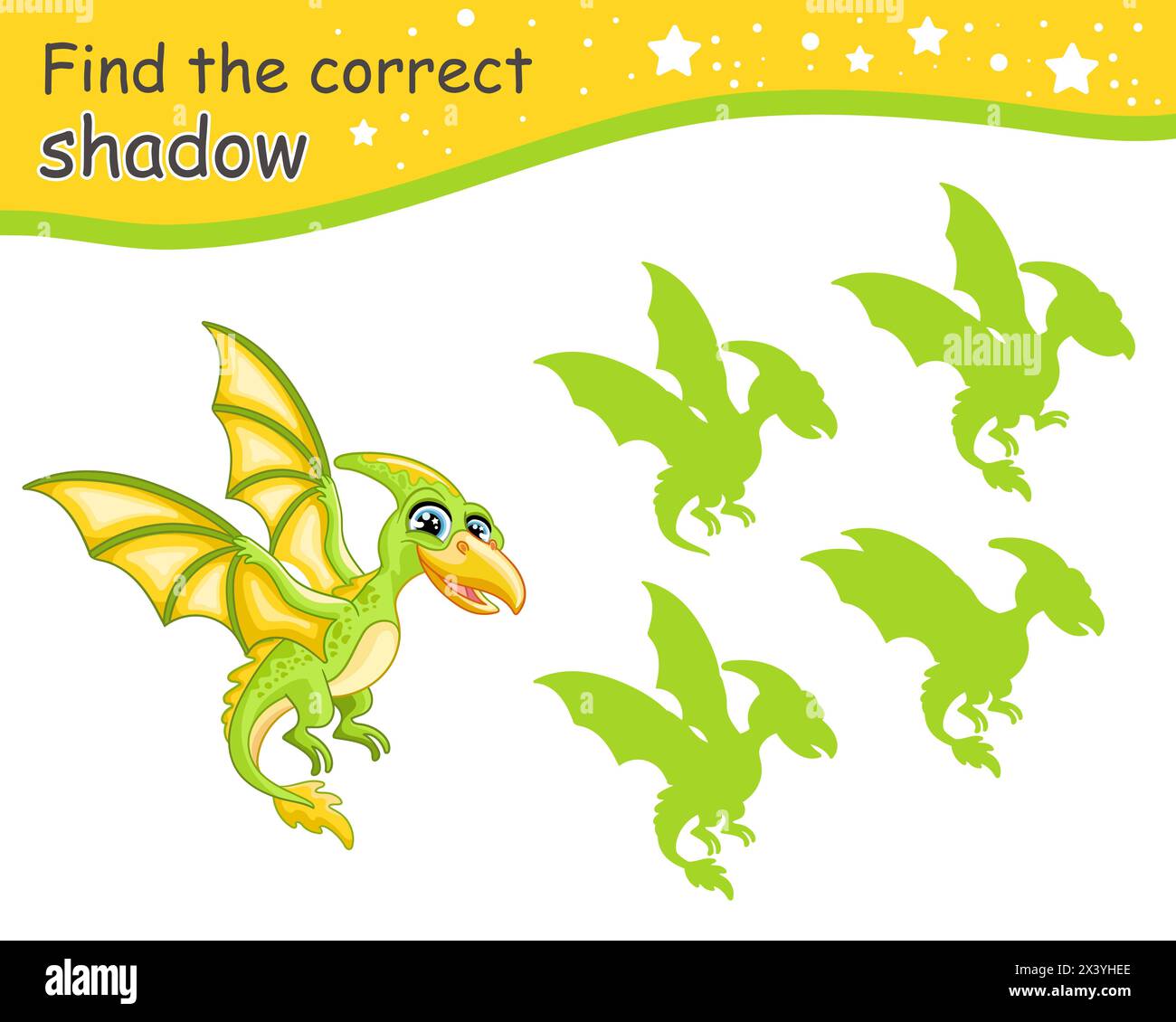 Suchen Sie den richtigen Schatten. Niedlicher Cartoon-Pterodactyl-Dinosaurier. Pädagogisches Matching-Spiel für Kinder mit Zeichentrickfigur. Aktivität, Logikspiel, Lernen Stock Vektor