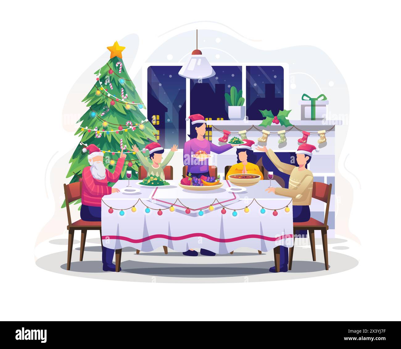 Die Familie feiert Neujahr fröhliche Weihnachten, die Leute sitzen am Tisch und essen in einem gemütlichen Haus mit Kamin und Weihnachten Stock Vektor