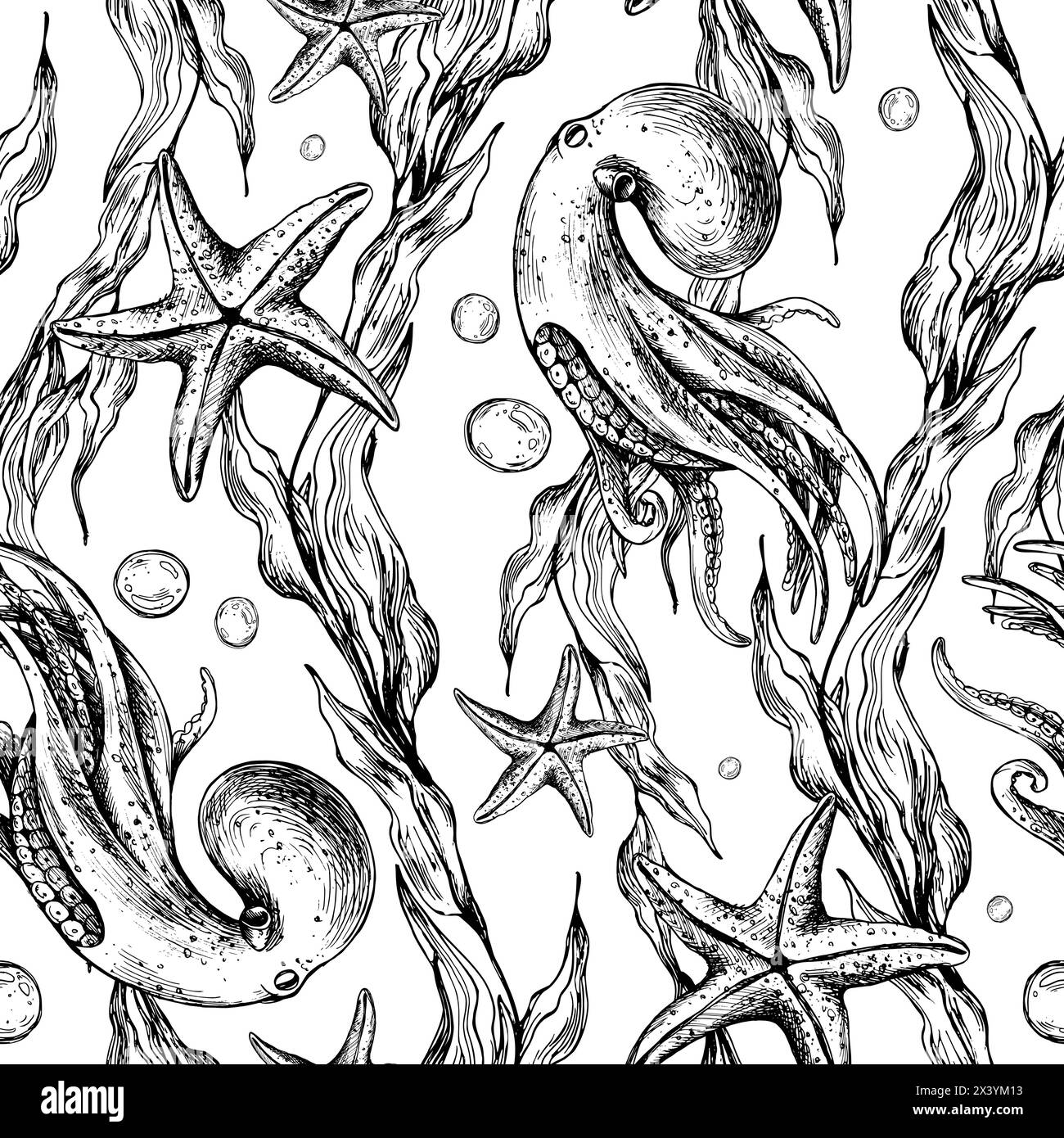 Unterwasserwelt-Clipart mit Meerestieren, Tintenfischen, Seesternen, Blasen und Algen. Grafische Abbildung, handgezeichnet mit schwarzer Tinte. Nahtloses Muster EPS Stock Vektor