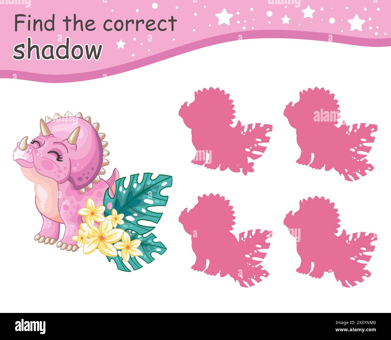 Suchen Sie den richtigen Schatten. Niedlicher triceratops-Dinosaurier mit Blumen. Pädagogisches Matching-Spiel für Kinder mit Zeichentrickfigur. Aktivität, Logik GA Stock Vektor