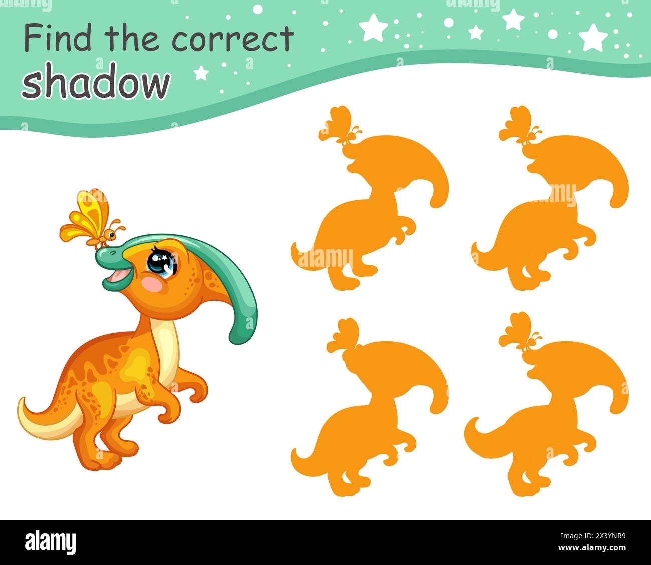 Suchen Sie den richtigen Schatten. Niedliches Cartoon parasaurolophus Dinosaurier Baby. Pädagogisches Matching-Spiel für Kinder mit Zeichentrickfigur. Aktivität, Logikspiel f Stock Vektor