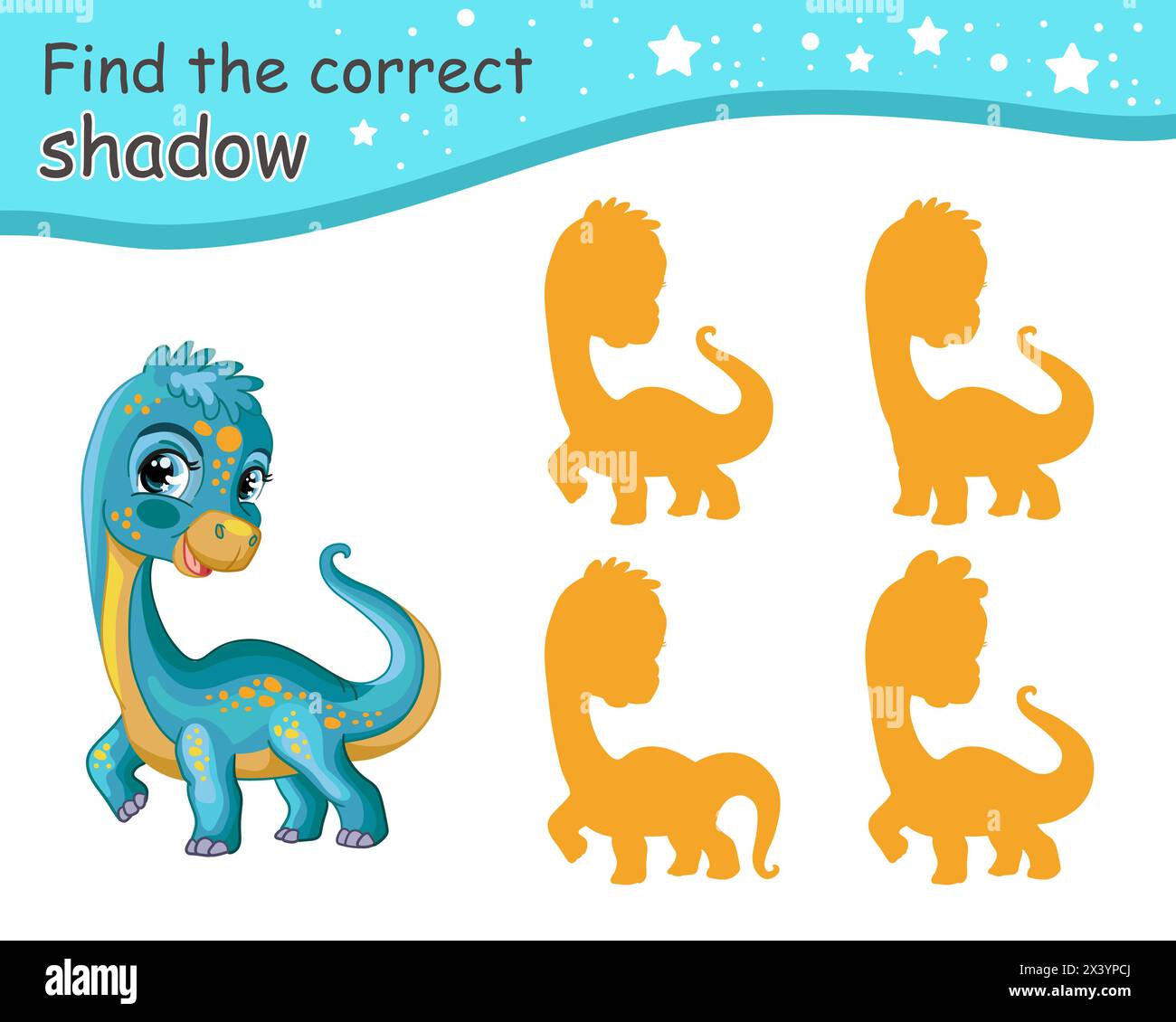Suchen Sie den richtigen Schatten. Niedlicher Cartoon Diplodocus Dinosaurier. Pädagogisches Matching-Spiel für Kinder mit Zeichentrickfigur. Aktivität, Logikspiel, Lernen c Stock Vektor