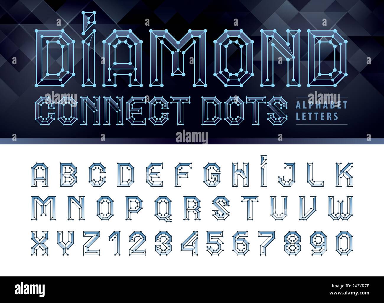 Diamond Line Connect Punkte Buchstaben und Zahlen, Polygonbuchstabe für Netzwerkverbindungspunkte, Technologiestruktur oder molekulare Verbindungselemente, FUT Stock Vektor