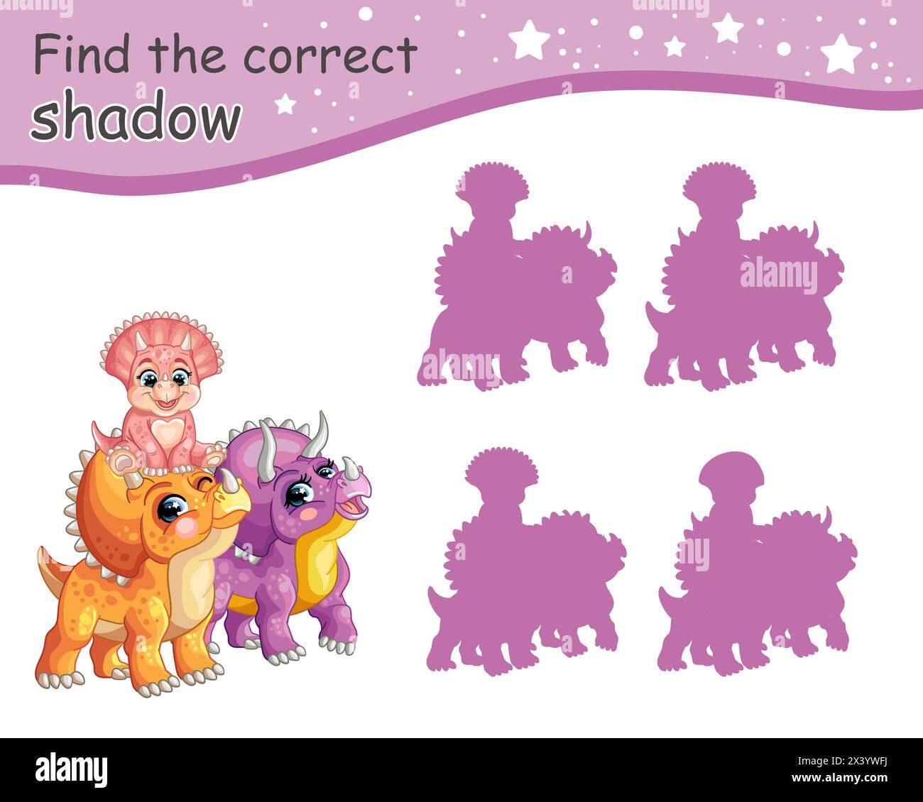 Suchen Sie den richtigen Schatten. Niedliche triceratops Dinosaurier Familie. Pädagogisches Matching-Spiel für Kinder mit Zeichentrickfigur. Aktivität, Logikspiel, l Stock Vektor