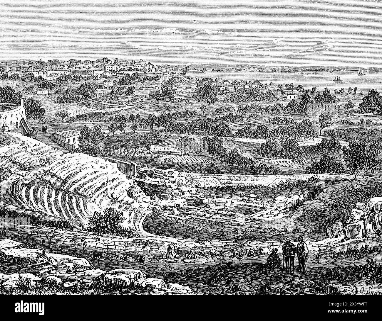Amphitheater und Landschaft rund um Syrakus, Sizilien, Italien, historische Illustration 1880 Stockfoto
