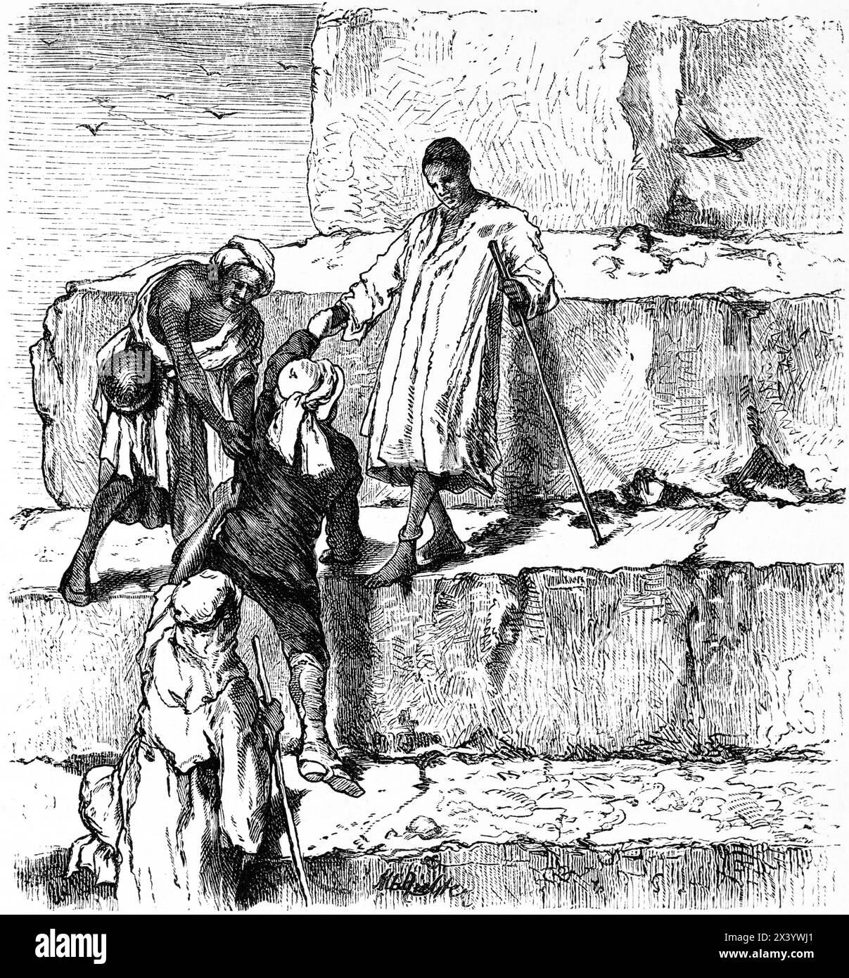 Ägypter geben den Europäern eine helfende Hand beim Besteigen einer Pyramide, historische Illustration 1880 Stockfoto