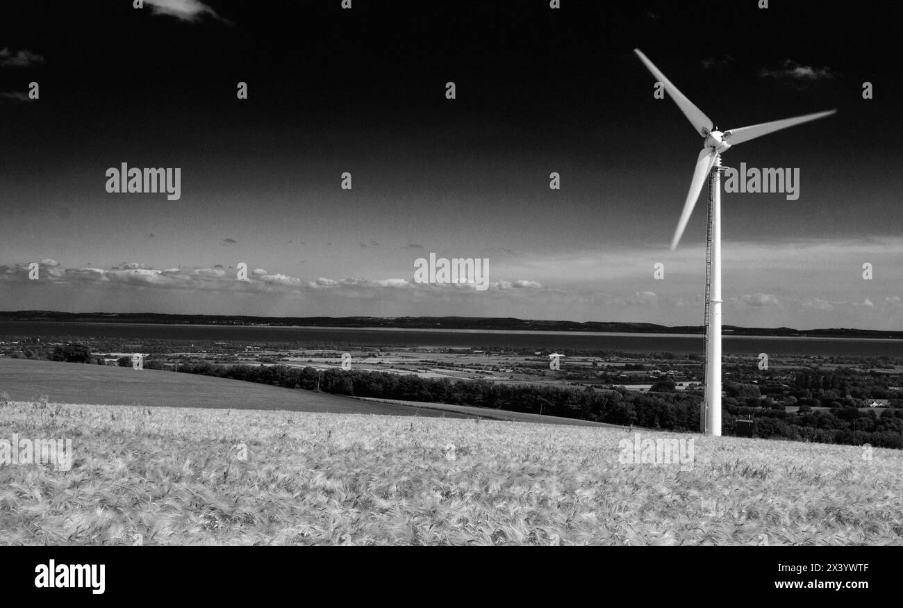 Windkraftanlage am Berghang der Gerste, blauer Himmel Bassaleg, Newport, Wales, Großbritannien Stockfoto