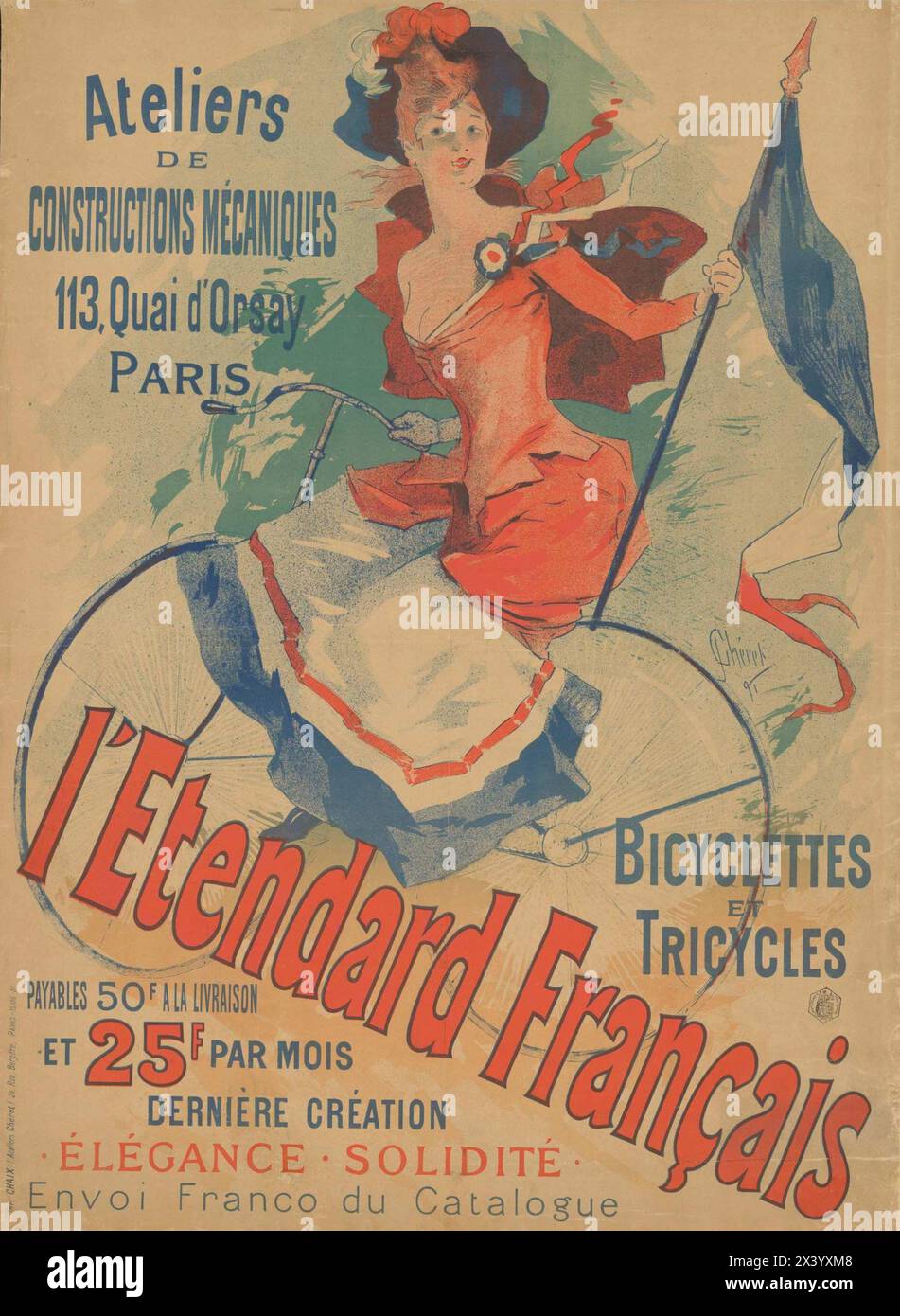 Französisches Vintage-Werbeplakat, L'Etendard Francais, Quai d'Orsay Fahrradladen 1891. Paris, Frankreich Kunst von Jules Chéret Stockfoto