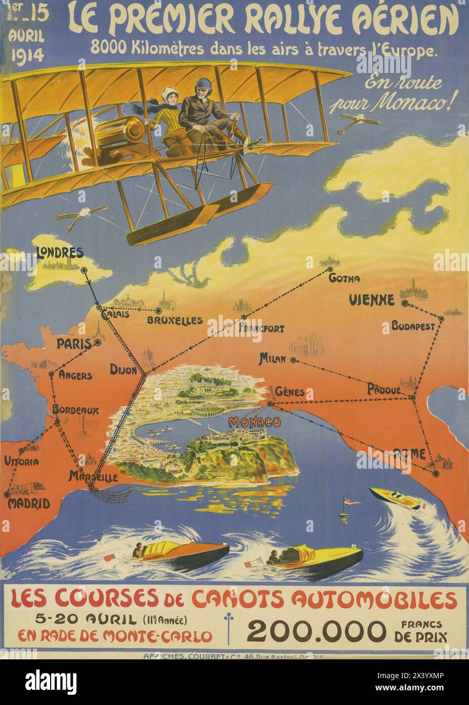 Französisches Vintage-Werbeplakat: "Le Premier Rallye aérien" , die erste Luftrallye, mit europäischer Karte, die Route und ein fliegendes Flugzeug aus der Ära zeigt. 1914 Stockfoto