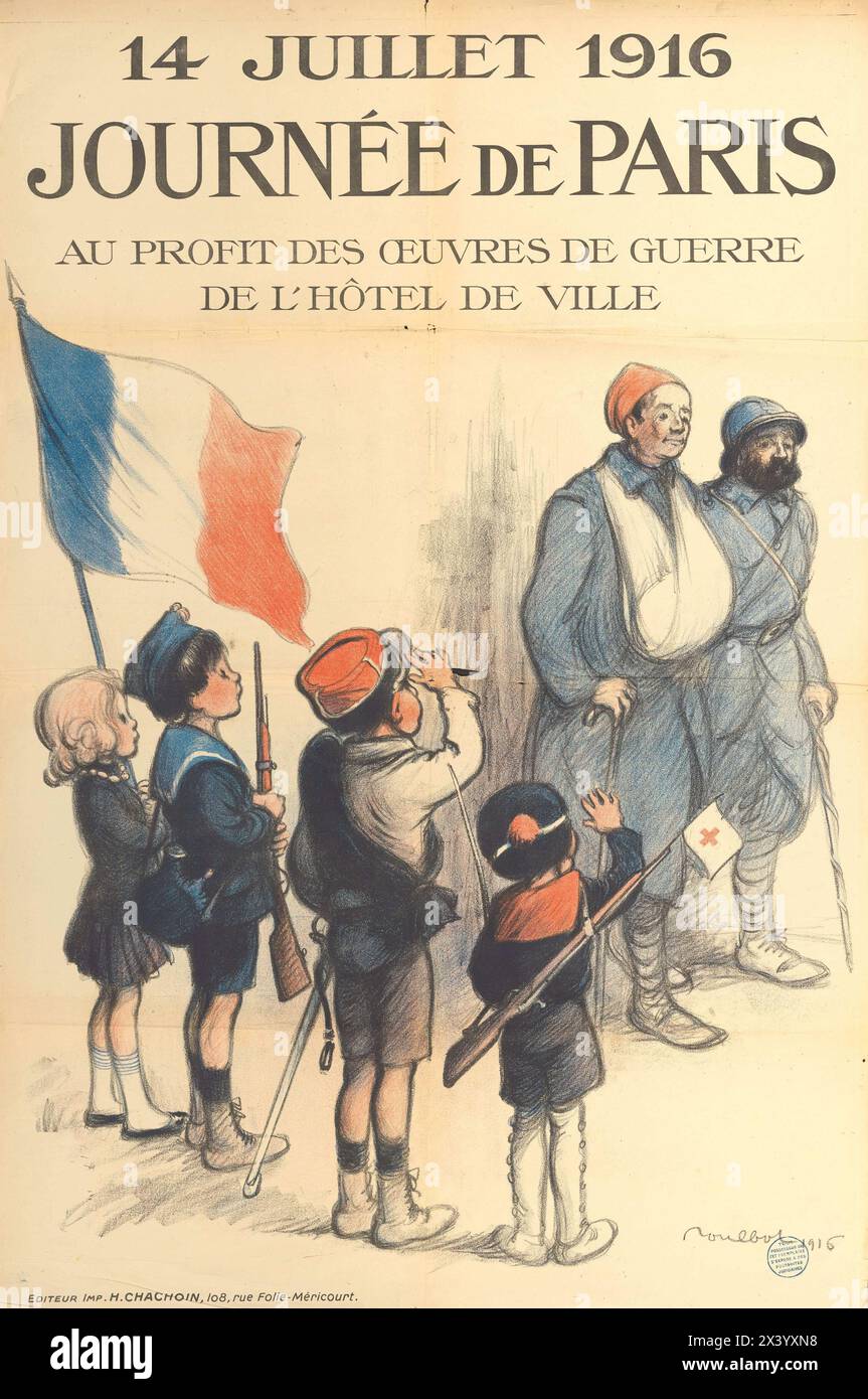 Französische Vintage-Werbetexte:: 14. Juli 1916, PARISER TAG DER NUTZEN DER KRIEGSWERKE DES RATHAUSES von Francisque Poulbot Stockfoto