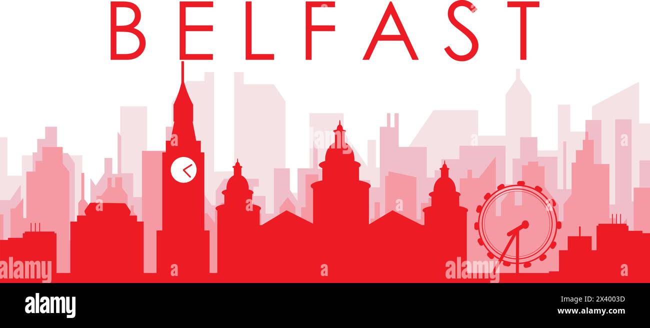 Rotes Poster mit Panoramablick auf die Skyline der Stadt von BELFAST, IRLAND Stock Vektor
