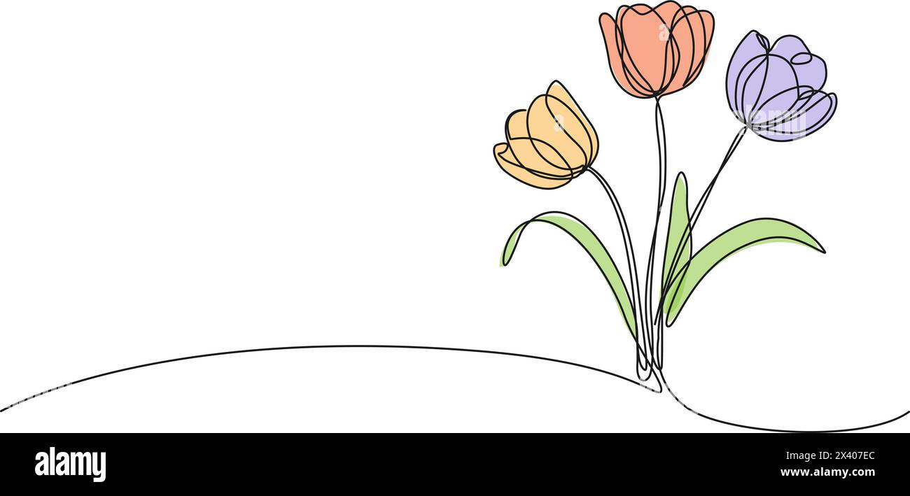 Durchgehende einzeilige Zeichnung von bunten Tulpen, Linie Art Vektor Illustration Stock Vektor