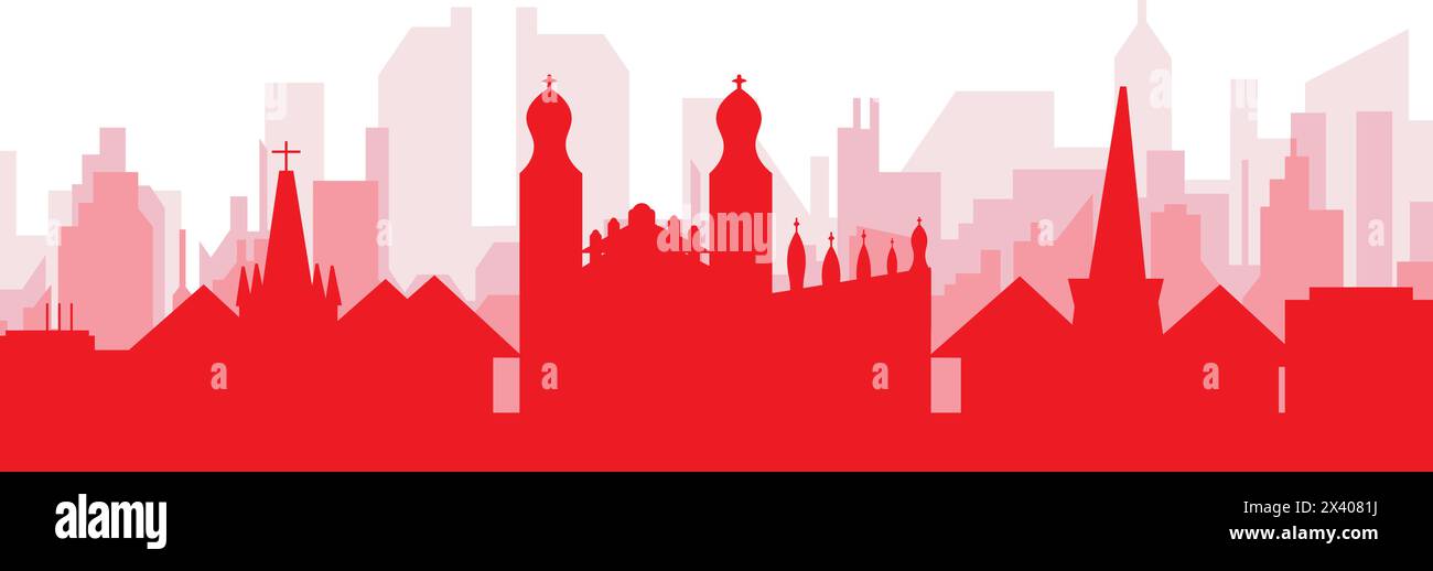Rotes Poster mit Panoramablick auf die Skyline der Stadt von CAMBRIDGE, GROSSBRITANNIEN Stock Vektor