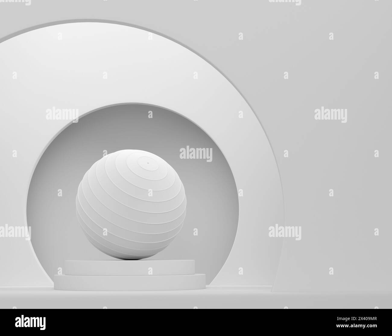 Fitnessball oder Fitnessball auf Zylinderpodium mit Stufen auf einfarbigem Hintergrund. 3D-Rendering von Displayprodukten wie Sportzubehör für Teamspiele Stockfoto