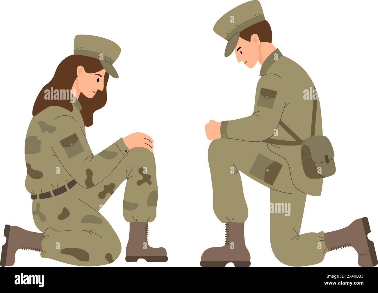 Militärsoldaten, Frau und Mann auf einem Knie. Vektorabbildung in abgewickelter Form Stock Vektor