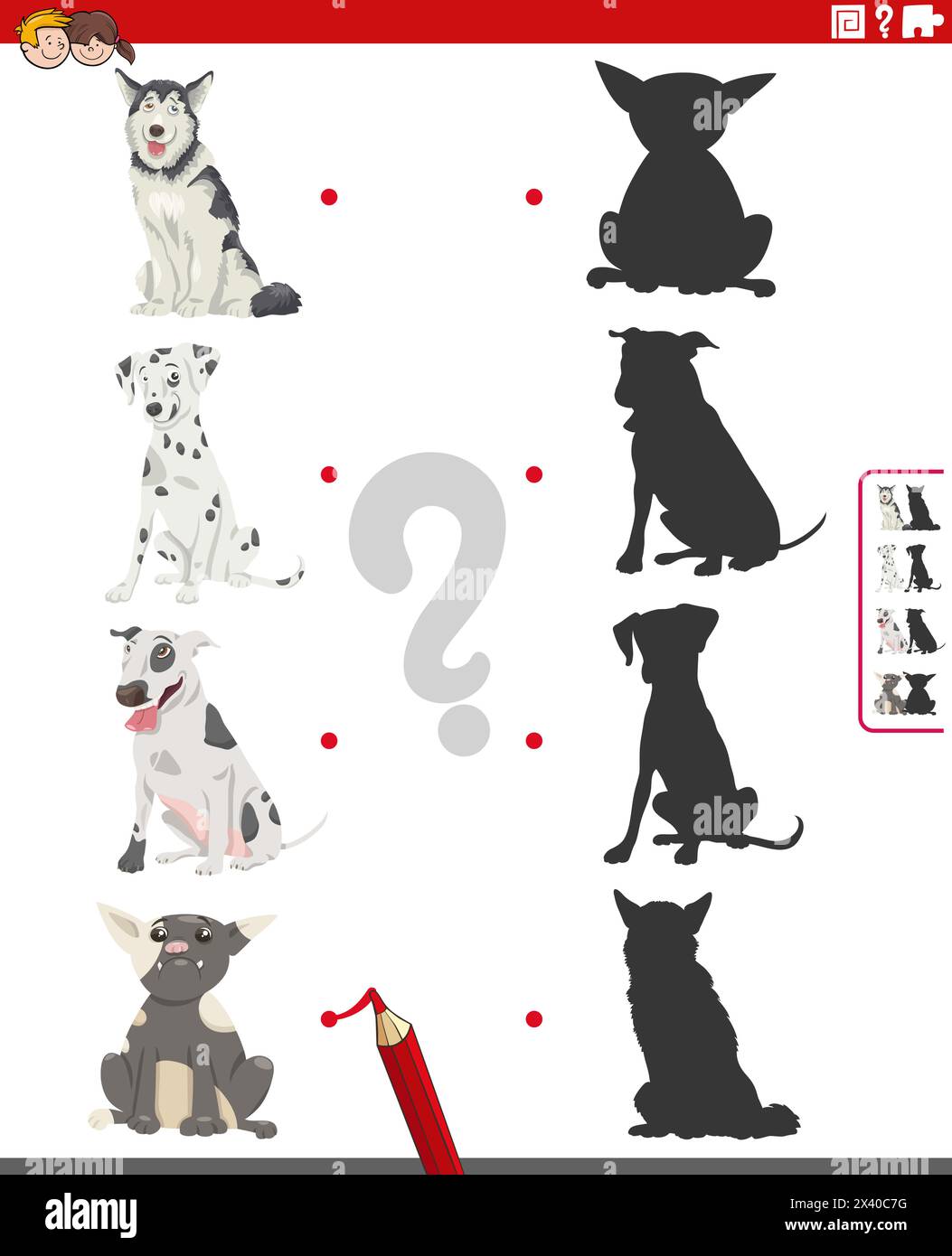 Cartoon-Illustration von Match the right Shadow with Pictures, pädagogische Aktivität mit reinrassigen Hundefiguren Stock Vektor