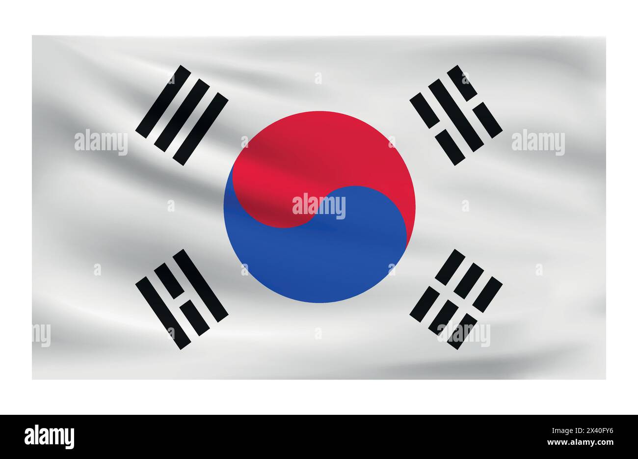 Realistische Nationalflagge Südkoreas. Aktuelle Statusflagge aus Stoff. Vektordarstellung von liegendem wellenförmigem Stoff in den Nationalfarben Südkoreas. Stock Vektor