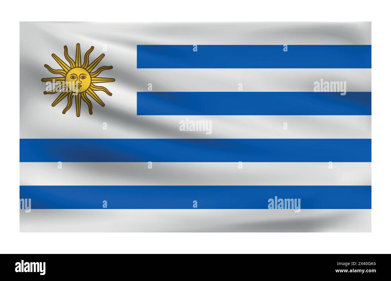 Realistische Nationalflagge von Uruguay. Aktuelle Statusflagge aus Stoff. Vektordarstellung von liegendem wellenförmigem Stoff in den Nationalfarben Uruguays. Stock Vektor