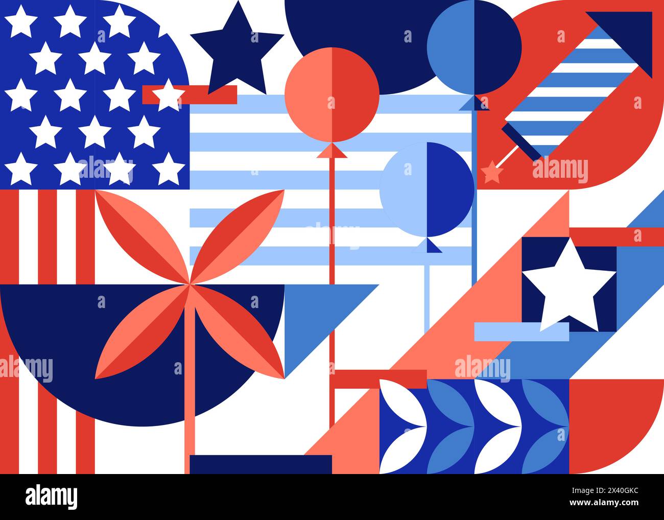 USA Unabhängigkeitstag abstrakte Farbblock geometrischer Hintergrund. Feiertagsmuster am 4. Juli mit amerikanischer Flagge und Symbolen. Vektordruck, Banner, Post Stock Vektor