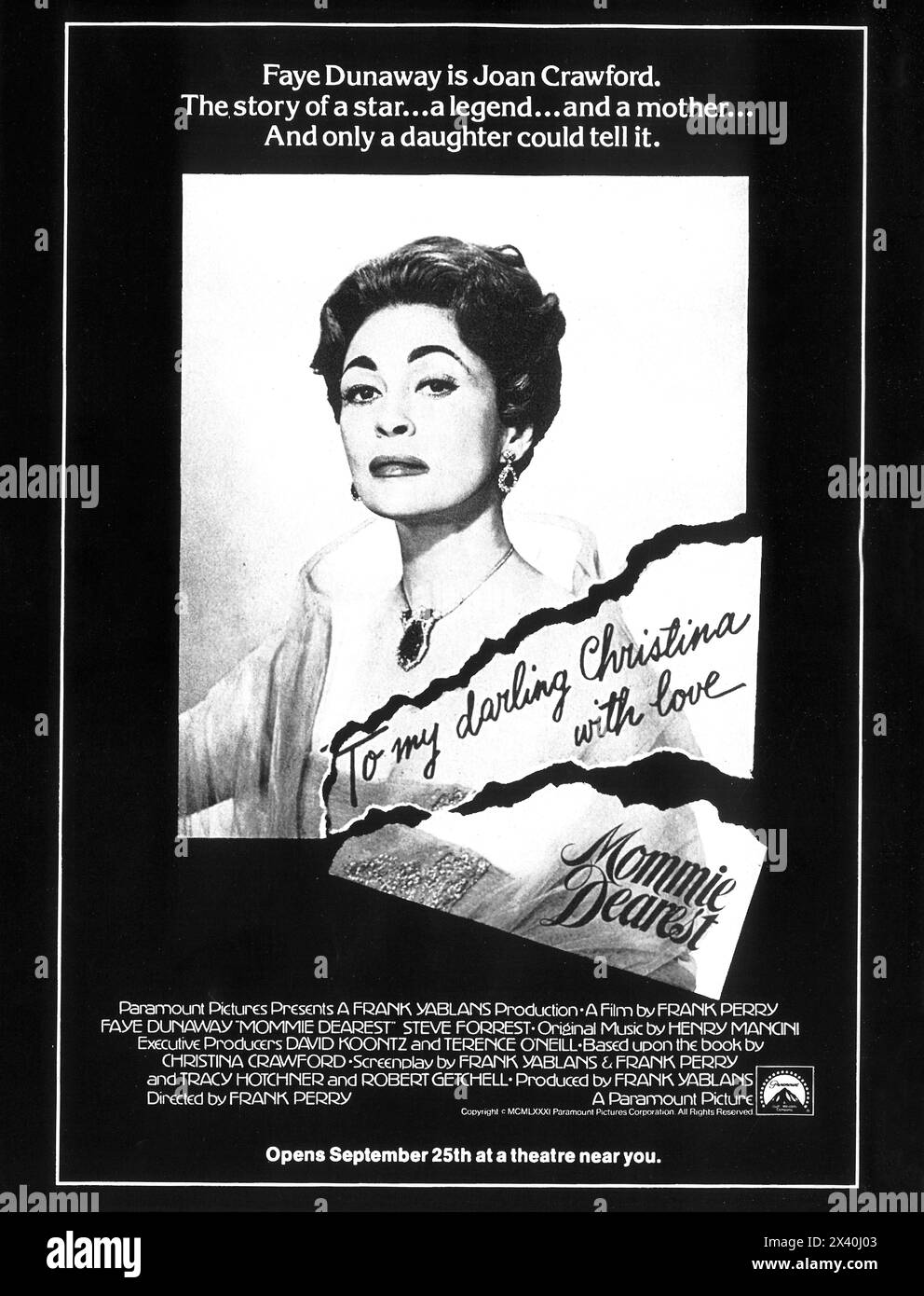 1981 Mommie Dearest Filmplakat, Regisseur Frank Perry, mit Faye Dunaway Stockfoto