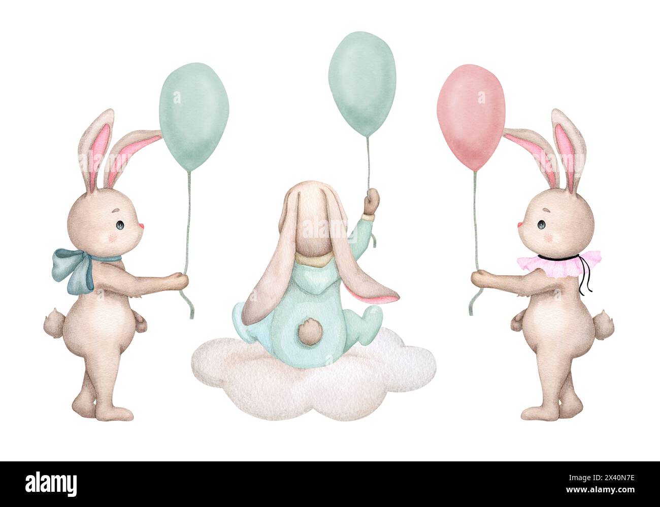 Ein Set süßer Hasen mit einem Ballon. Kinderillustration. Handgezeichnetes Aquarell. Babydusche, Muttertag, Geburtstag, Valentinstag. Clipart für Stockfoto