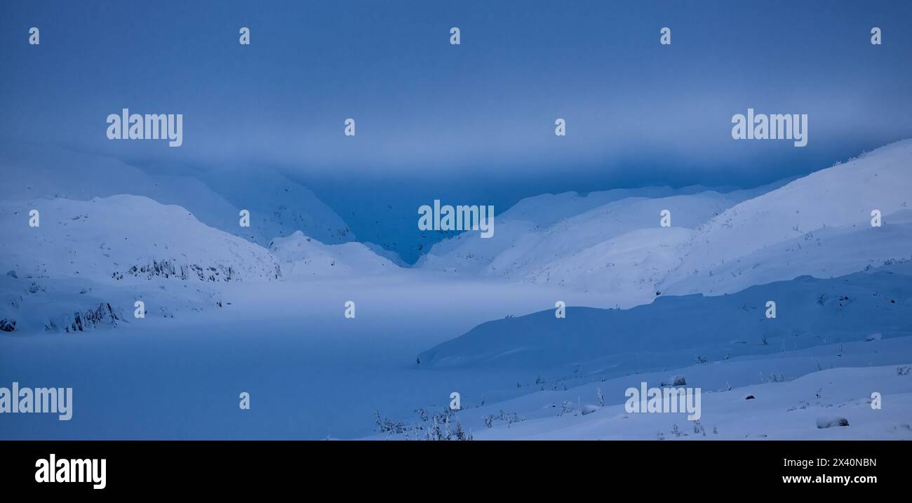Gespenstische Lichter über dem White Pass auf dem Weg nach Skagway, Alaska. Schnee bedeckt die Landschaft bis zu 20 Meter tief. Eine ruhige, surreale Winterszene Stockfoto